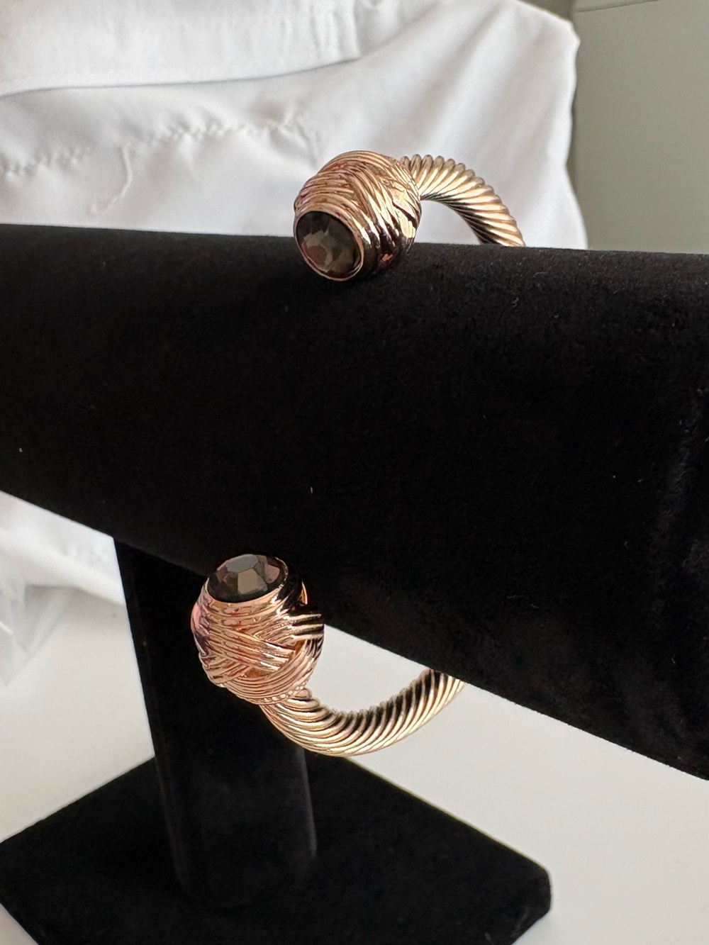 Gold-Tone Twisted Cable Open Cuff Bracelet with Smokey quartz  Gem Ends